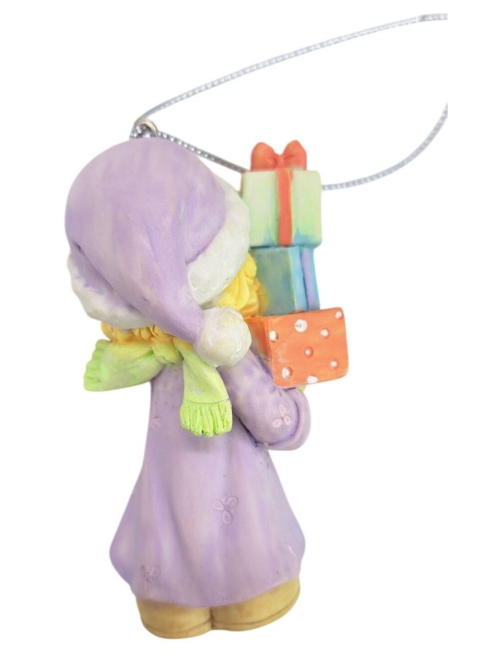 Vintage Precious Moments Christmas Ornament Girl Holding Gift Purple Coat Blonde - Picture 5 of 8